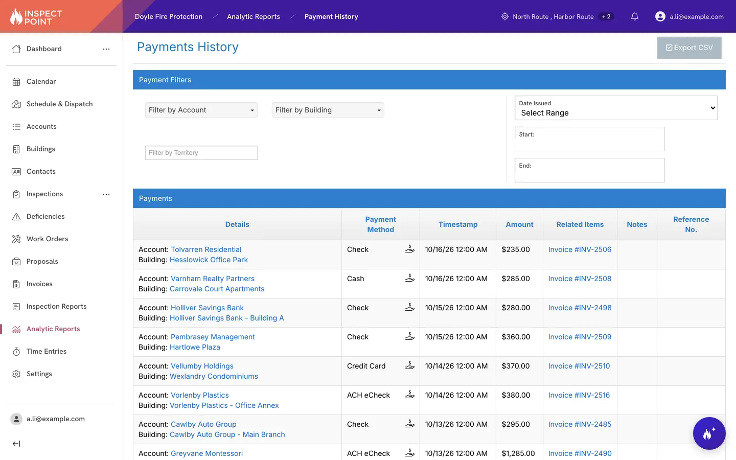 Payment history in Inspect Point