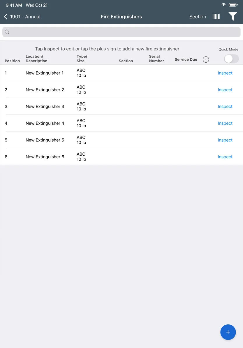A fire extinguisher list in the Inspect Point iPad app: each unit with its position, type and size, and an Inspect link