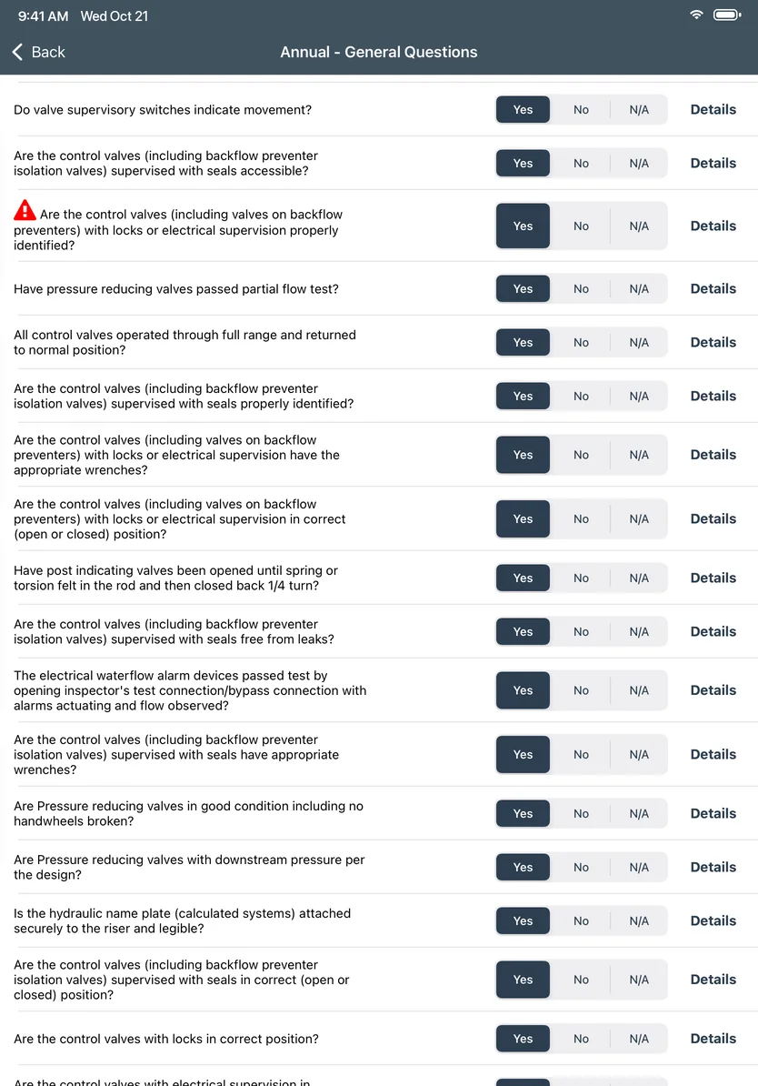 Valve questions on an inspection form in the Inspect Point iPad app, each answered Yes, No, or N/A, with a Details link per question
