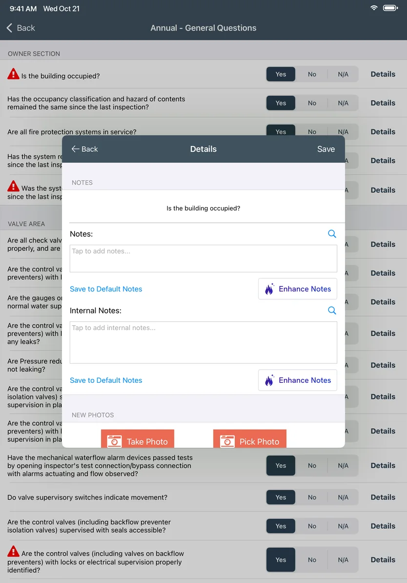 A question’s Details sheet in the Inspect Point iPad app, with notes, internal notes, and buttons to take or pick a photo