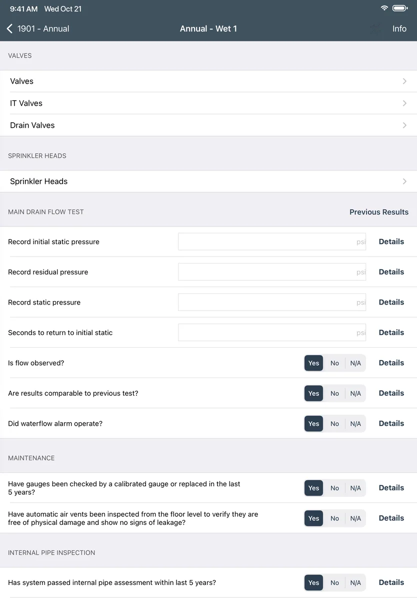 A wet sprinkler system’s annual inspection in the Inspect Point iPad app: valves, sprinkler heads, the main drain flow test, and maintenance questions