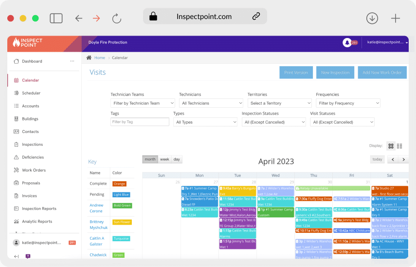 Inspect Point scheduling calendar with inspections assigned across technicians