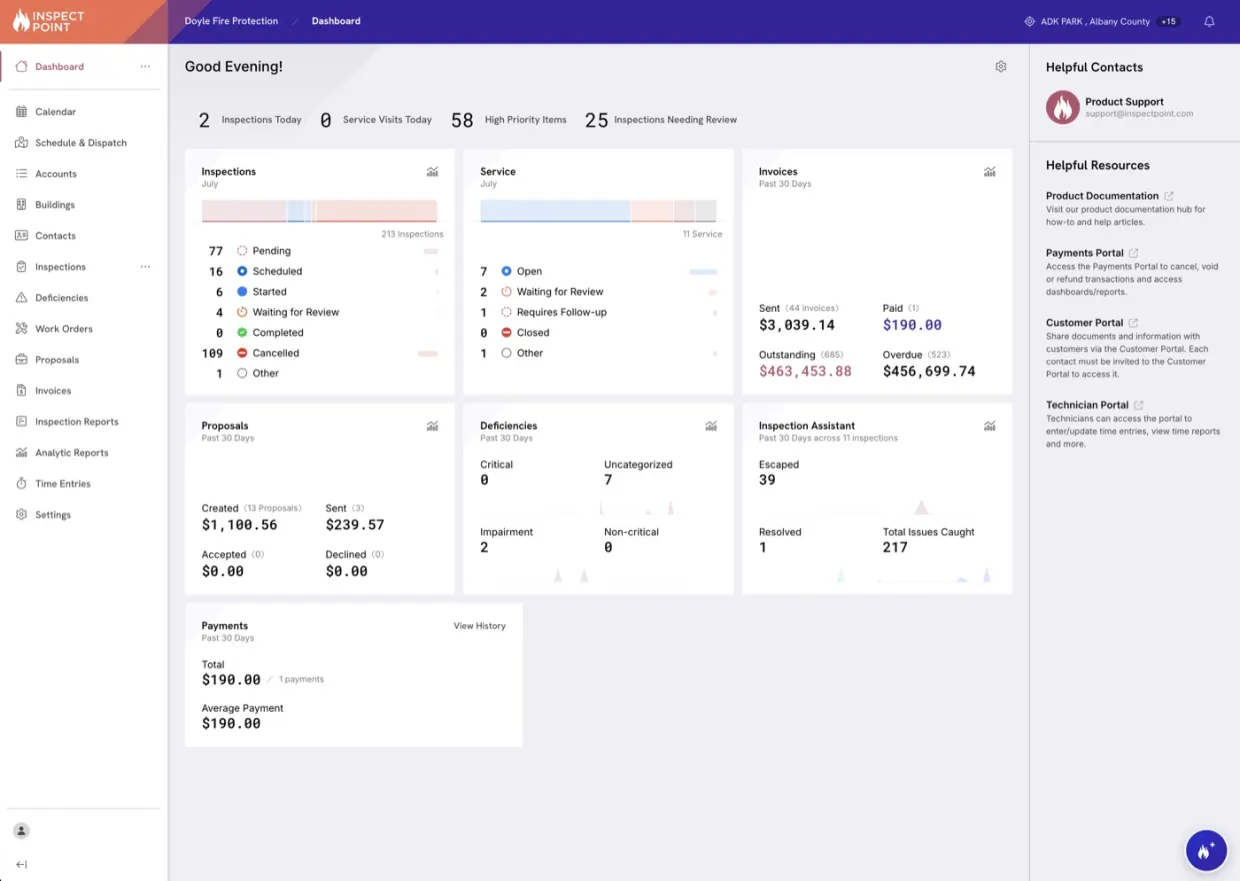 The Inspect Point back-office dashboard: inspections, service, invoices, and deficiencies on one screen