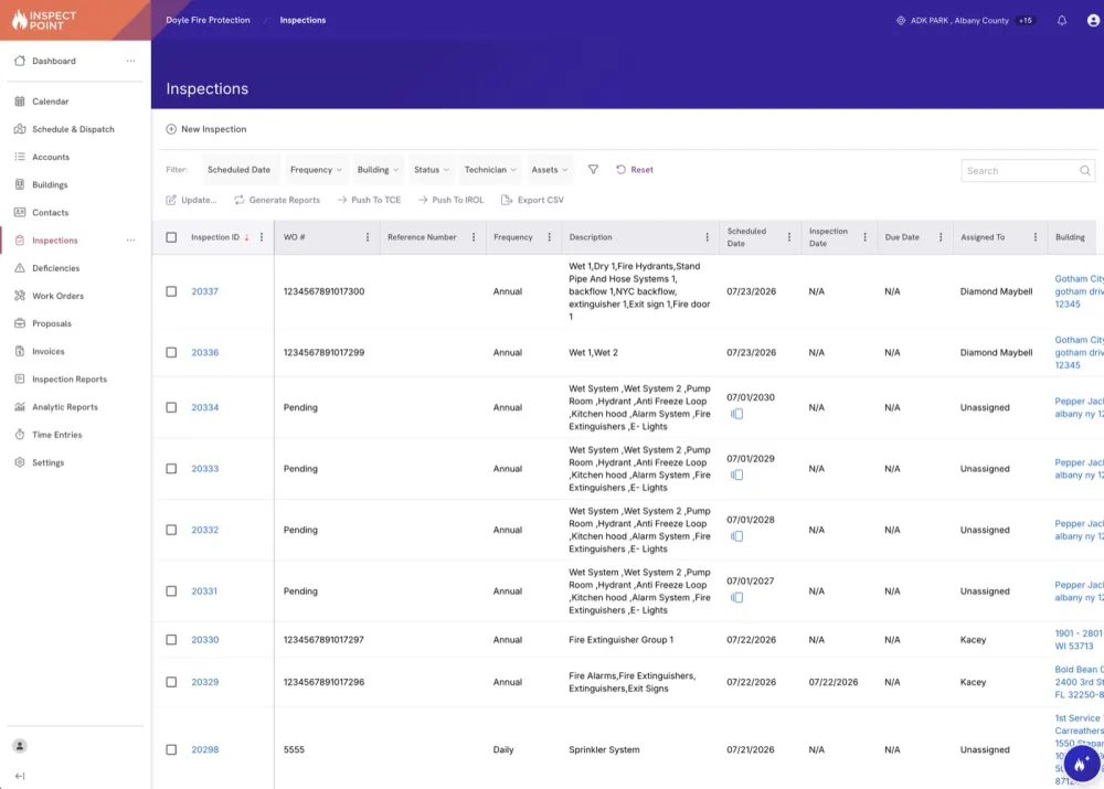 Inspections list in the Inspect Point back office with statuses and assignments