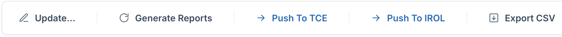 Inspection list actions in Inspect Point: Update, Generate Reports, Push To TCE, Push To IROL, Export CSV