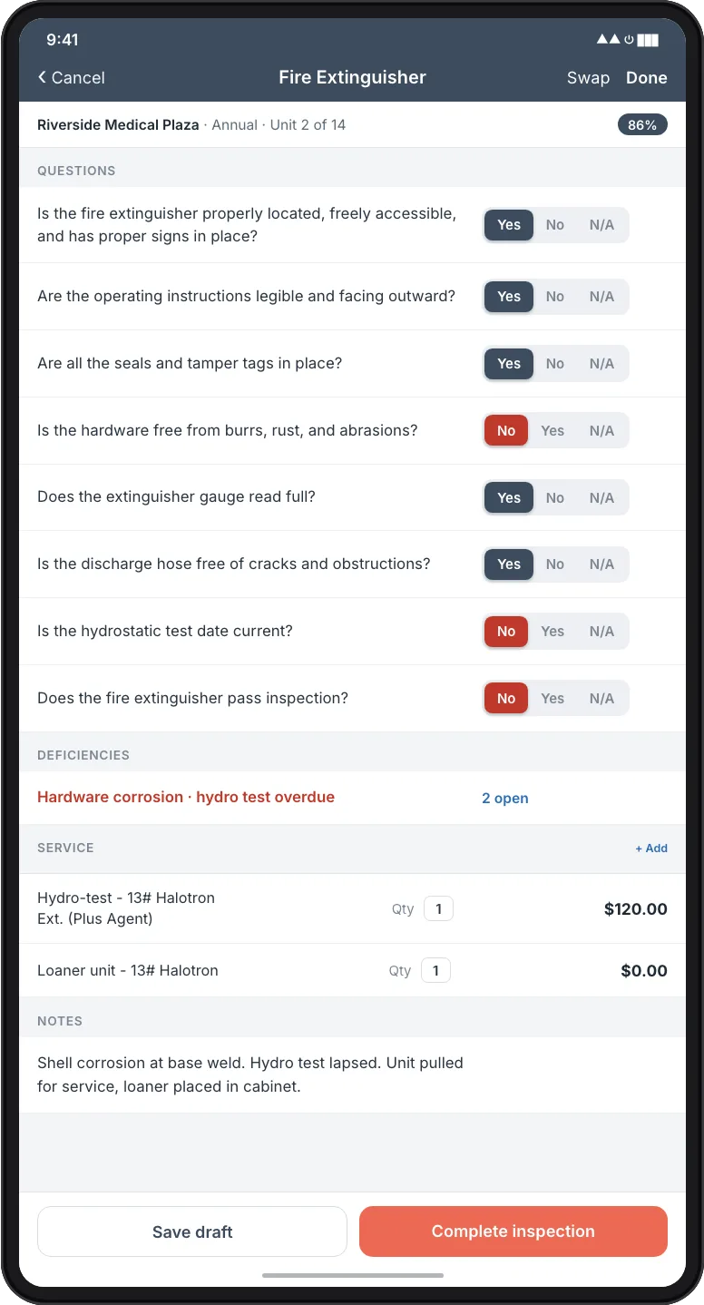 Fire extinguisher inspection on the Inspect Point mobile app: a failed hardware check opens deficiencies and a service line