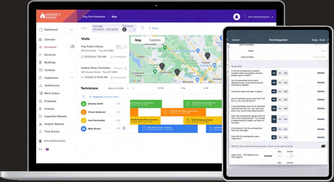 Inspect Point platform on a laptop and tablet: scheduling map and inspection workflow
