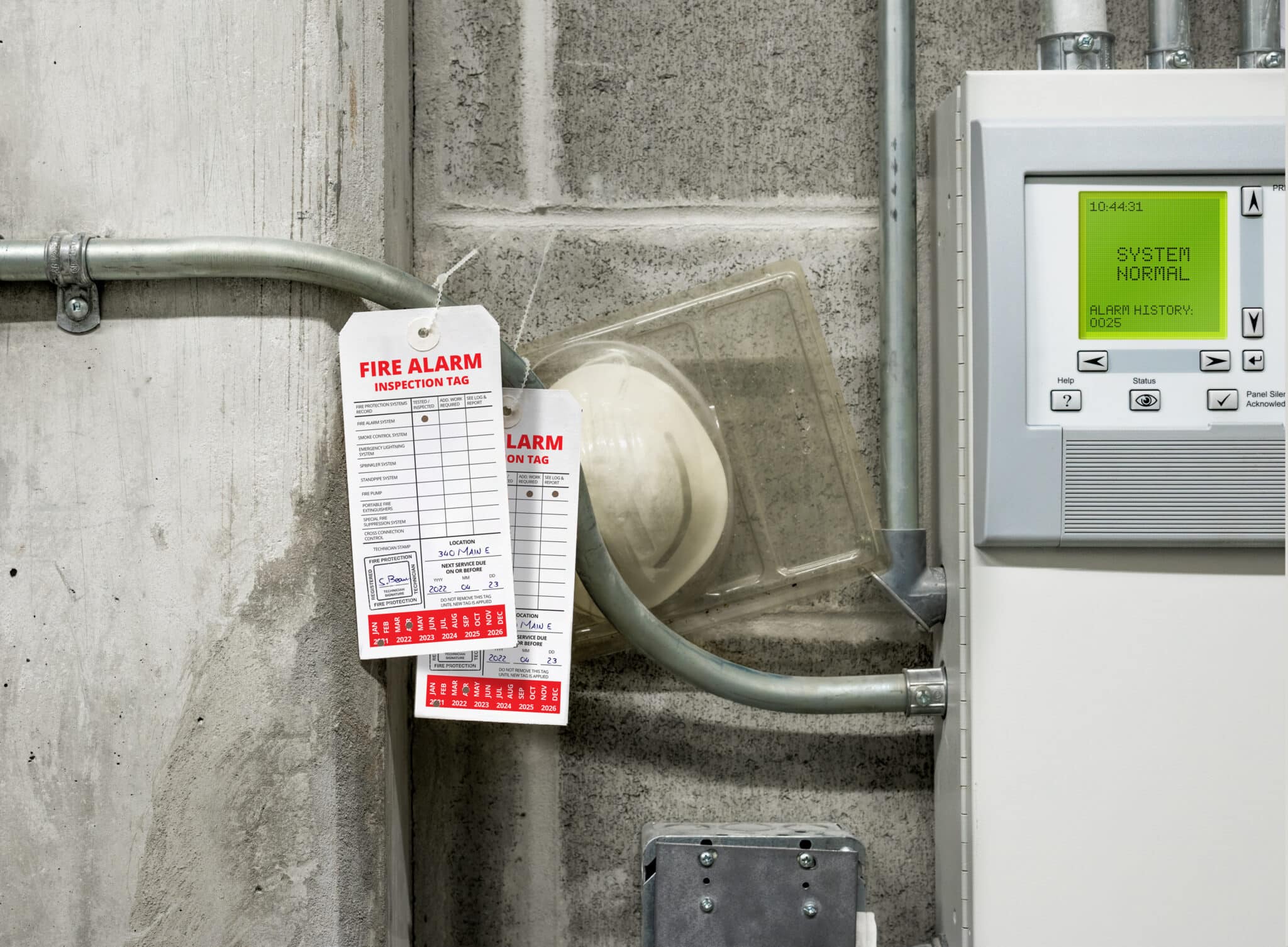 Fire alarm inspection tags with fire alarm panel. The labels are used by fire protection technicians during testing for all equipment associated with the fire and sprinkler alarm system.